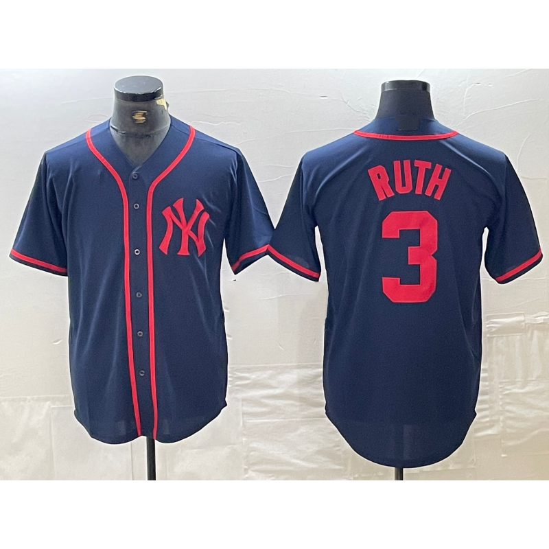 New York Yankees #3 Babe Ruth Navy Red Fashion Cool Baseball Jersey
