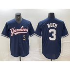 New York Yankees #3 Babe Ruth Number Navy Cool Base Stitched Baseball Jersey