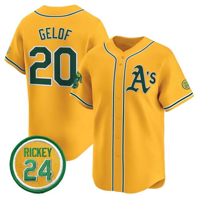 Oakland Athletics #20 Zack Gelof Yellow 2024 Limited With Rickey Henderson Patch Stitched Baseball Jersey