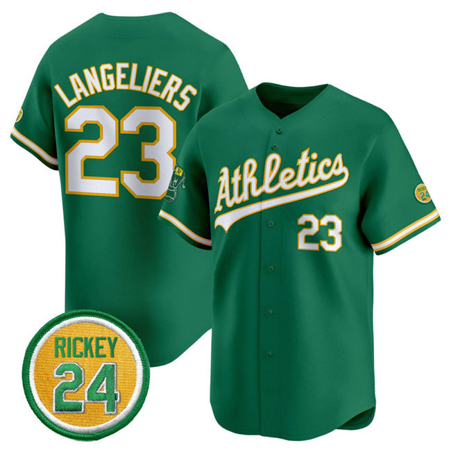 Oakland Athletics #23 Shea Langeliers Green 2024 Limited With Rickey Henderson Patch Stitched Baseball Jersey