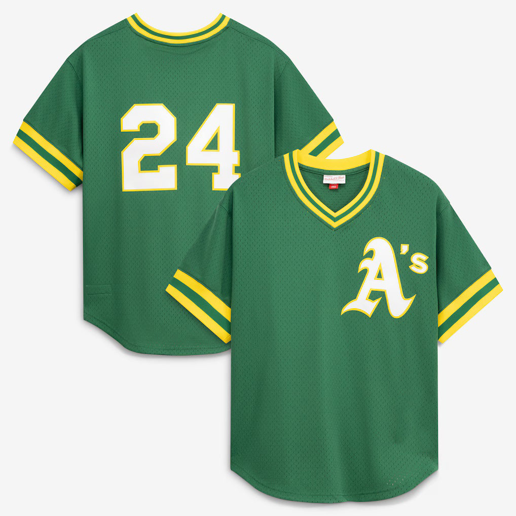 Oakland Athletics #24 Rickey Henderson Mitchell & Ness Green Authentic Batting Practice Baseball Jersey