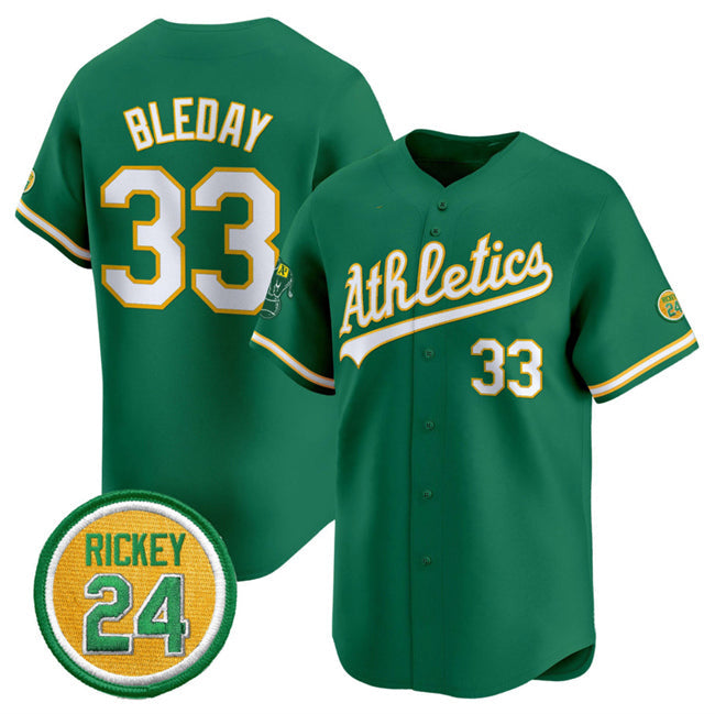 Oakland Athletics #33 JJ Bleday Green 2024 Limited With Rickey Henderson Patch Stitched Baseball Jersey