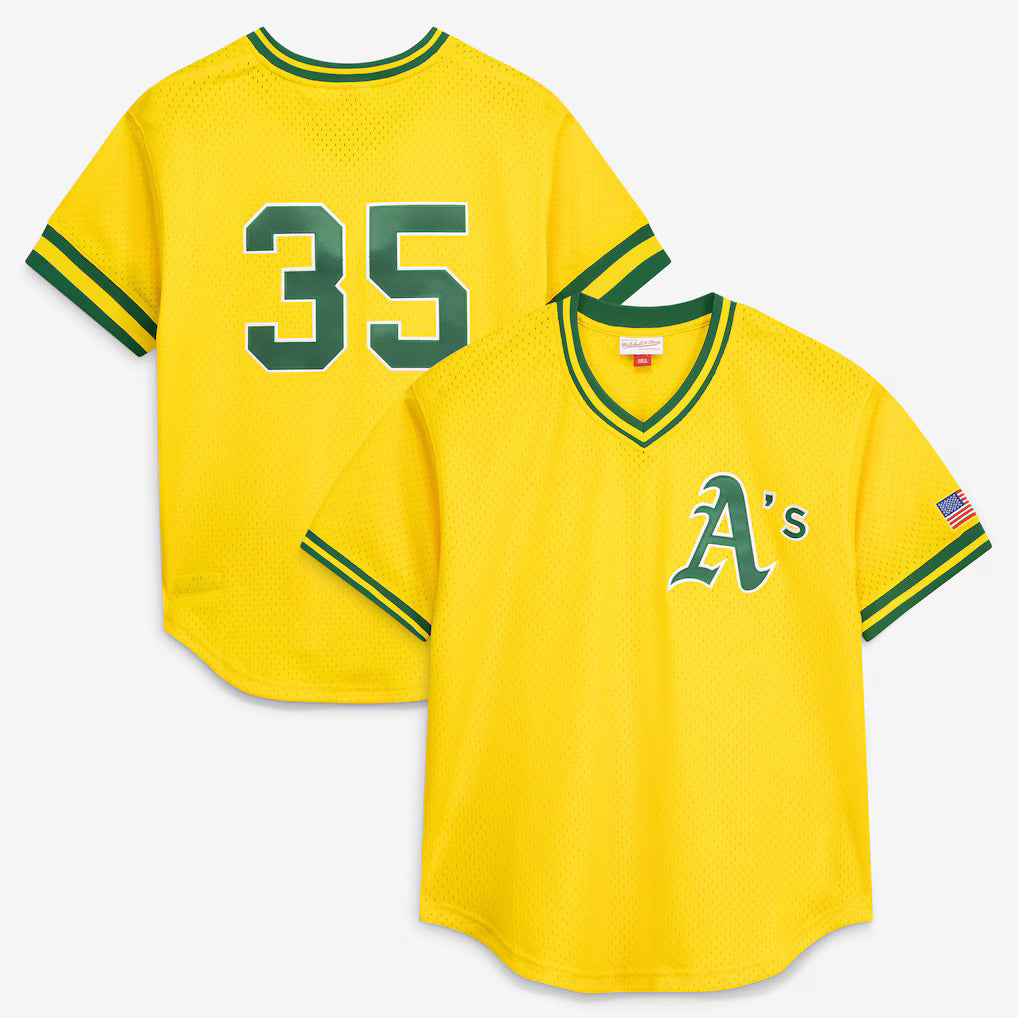 Oakland Athletics #35 Rickey Henderson Mitchell & Ness Yellow Authentic Batting Practice Baseball Jersey