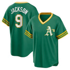 Oakland Athletics #9 Reggie Jackson Kelly Green Road Cooperstown Collection Player Baseball Jersey