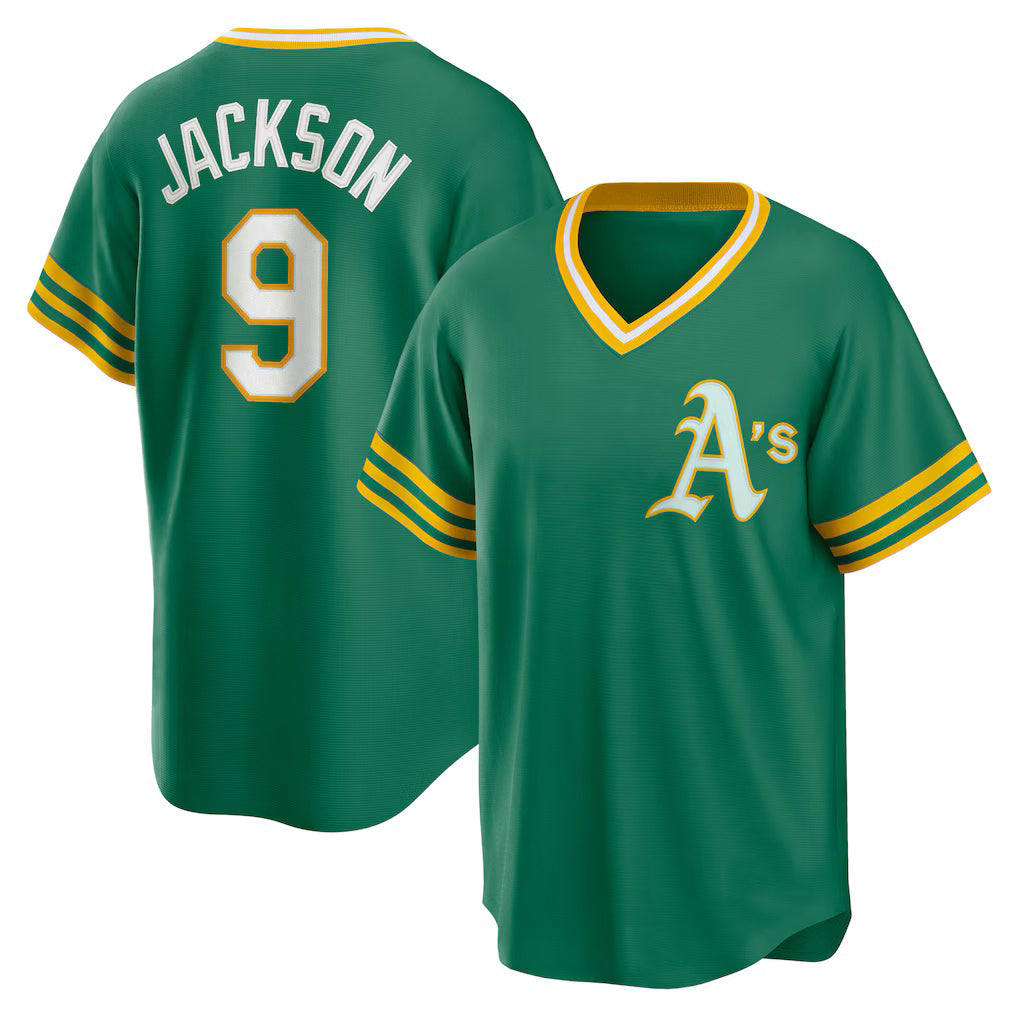 Oakland Athletics #9 Reggie Jackson Kelly Green Road Cooperstown Collection Player Baseball Jersey