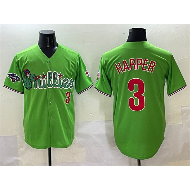 Philadelphia Phillies #3 Bryce Harper Light Green Phanatic With 2024 Division Champions Patch Limited Stitched Baseball Jersey