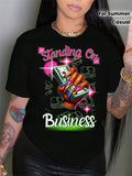 Business Print Crew Neck T-Shirt, Short Sleeve Casual Top For Summer & Spring, Women'S Clothing
