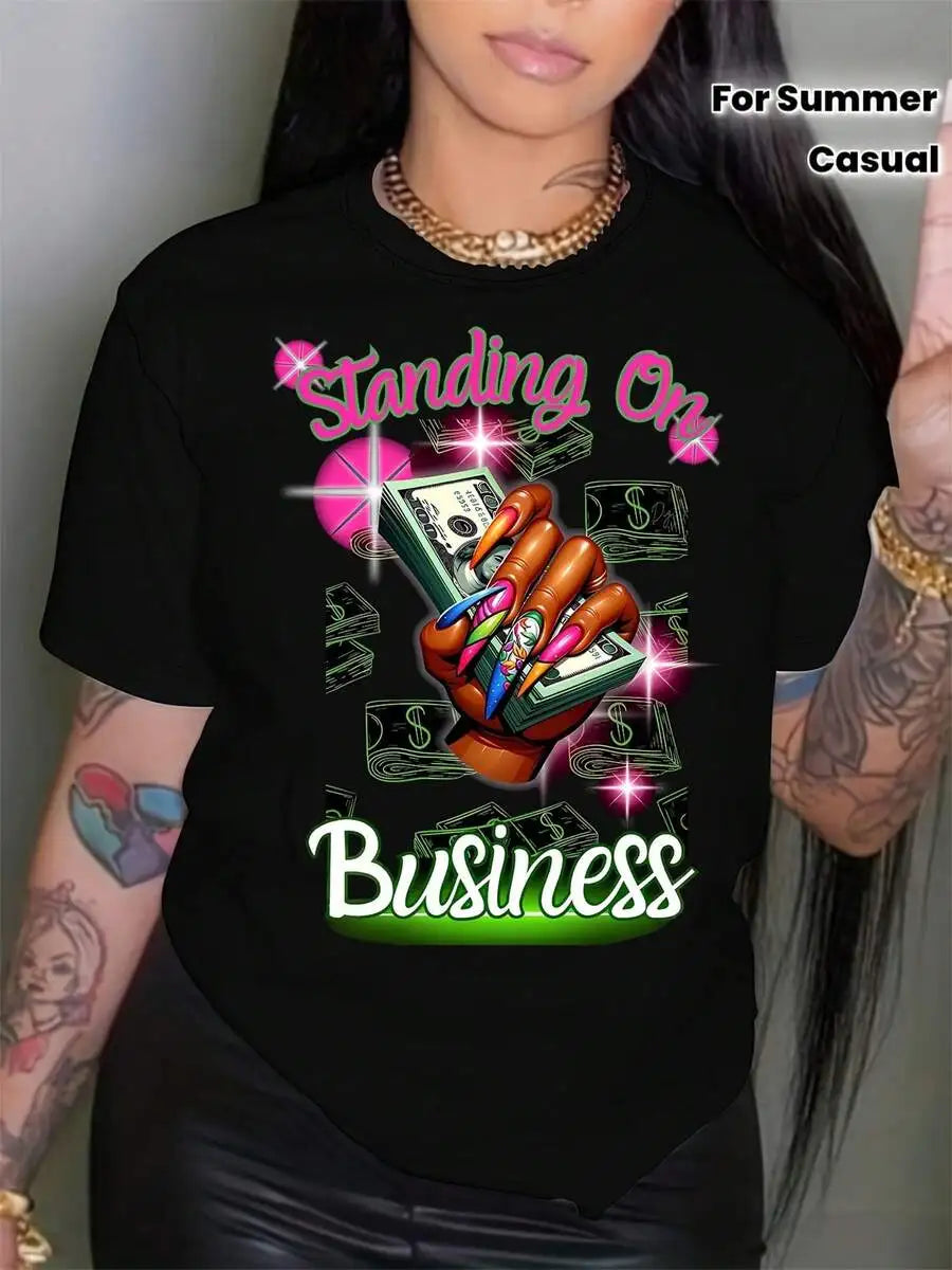 Business Print Crew Neck T-Shirt, Short Sleeve Casual Top For Summer & Spring, Women'S Clothing