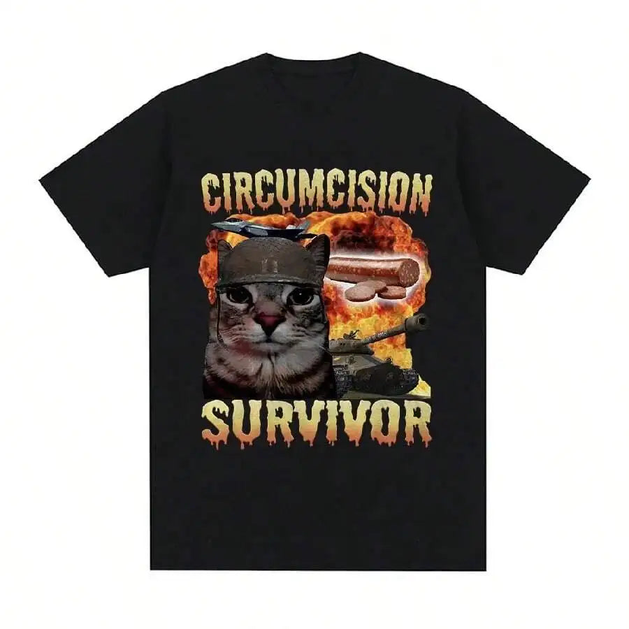 Circumcision Survivor Funny Cat Meme T Shirts Men Women Vintage T-Shirt Casual Cotton Short Sleeve