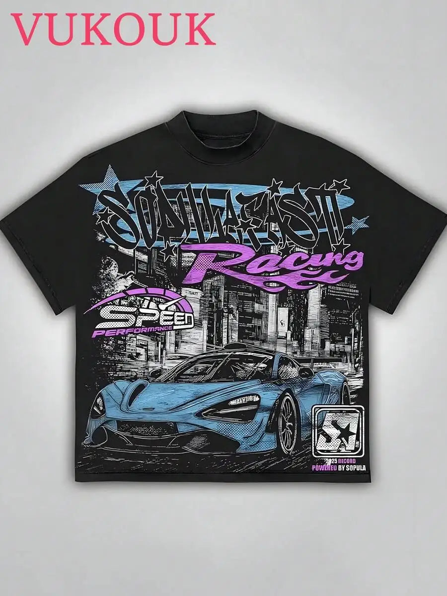 (1PC) Men's 'Soulfast Racing' Supercar Graphic T-Shirt, Cotton Crew Neck Short Sleeve Tee, Vintage