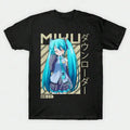 Women's Graphic Tee Miku With Long Blue Hair Wearing School Uniform Standing In Front Of Geometric