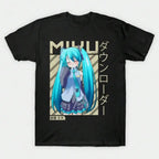 Women's Graphic Tee Miku With Long Blue Hair Wearing School Uniform Standing In Front Of Geometric