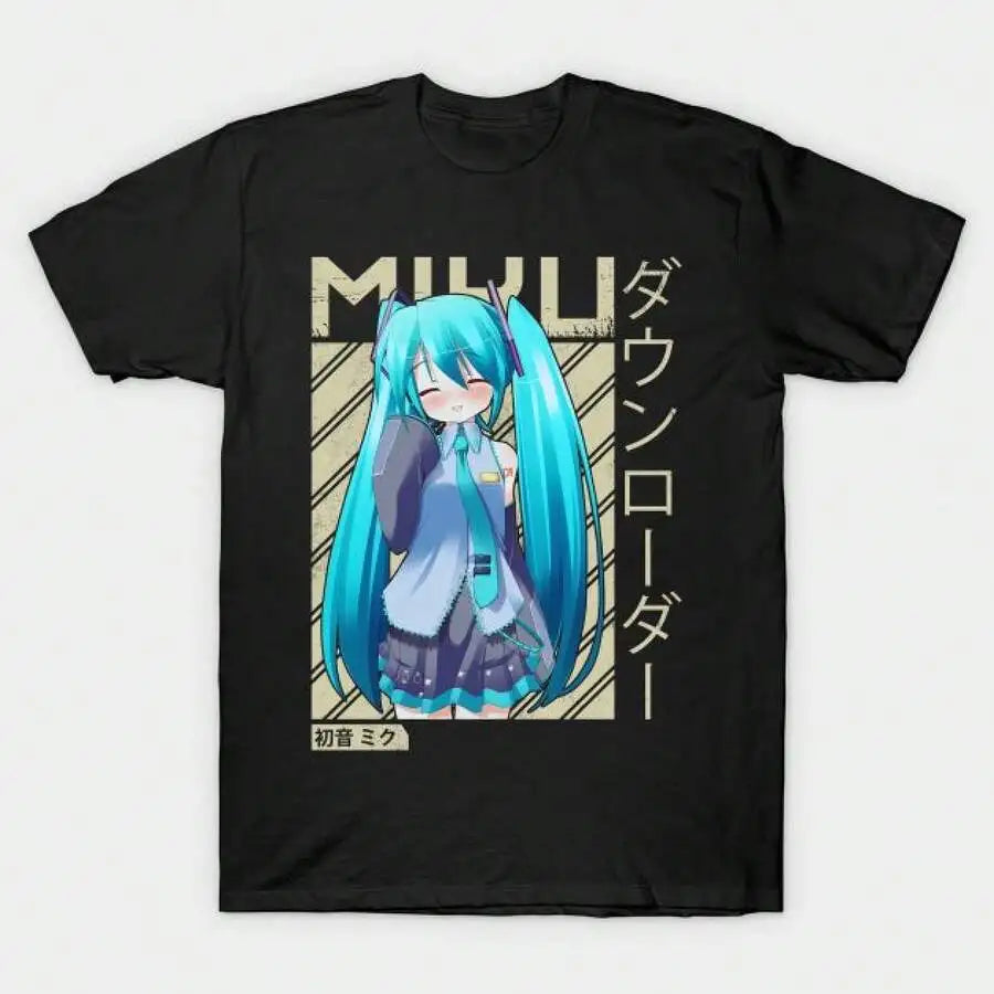 Women's Graphic Tee Miku With Long Blue Hair Wearing School Uniform Standing In Front Of Geometric