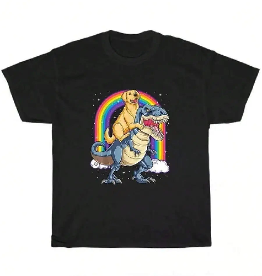 2025/Golden Retriever Riding Dinosaur Rainbow Dog Puppy T-Shirt Unisex Funny Tee
