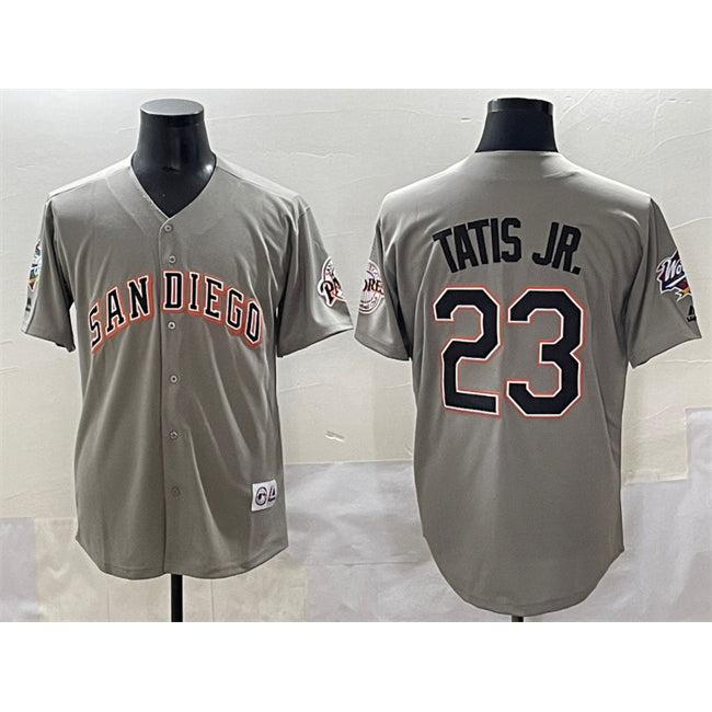 San Diego Padres #23 Fernando Tatis Jr. Gray Fashion Throwback With Patch Cool Base Stitched Baseball Jersey
