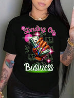 Business Print Crew Neck T-Shirt, Short Sleeve Casual Top For Summer & Spring, Women'S Clothing