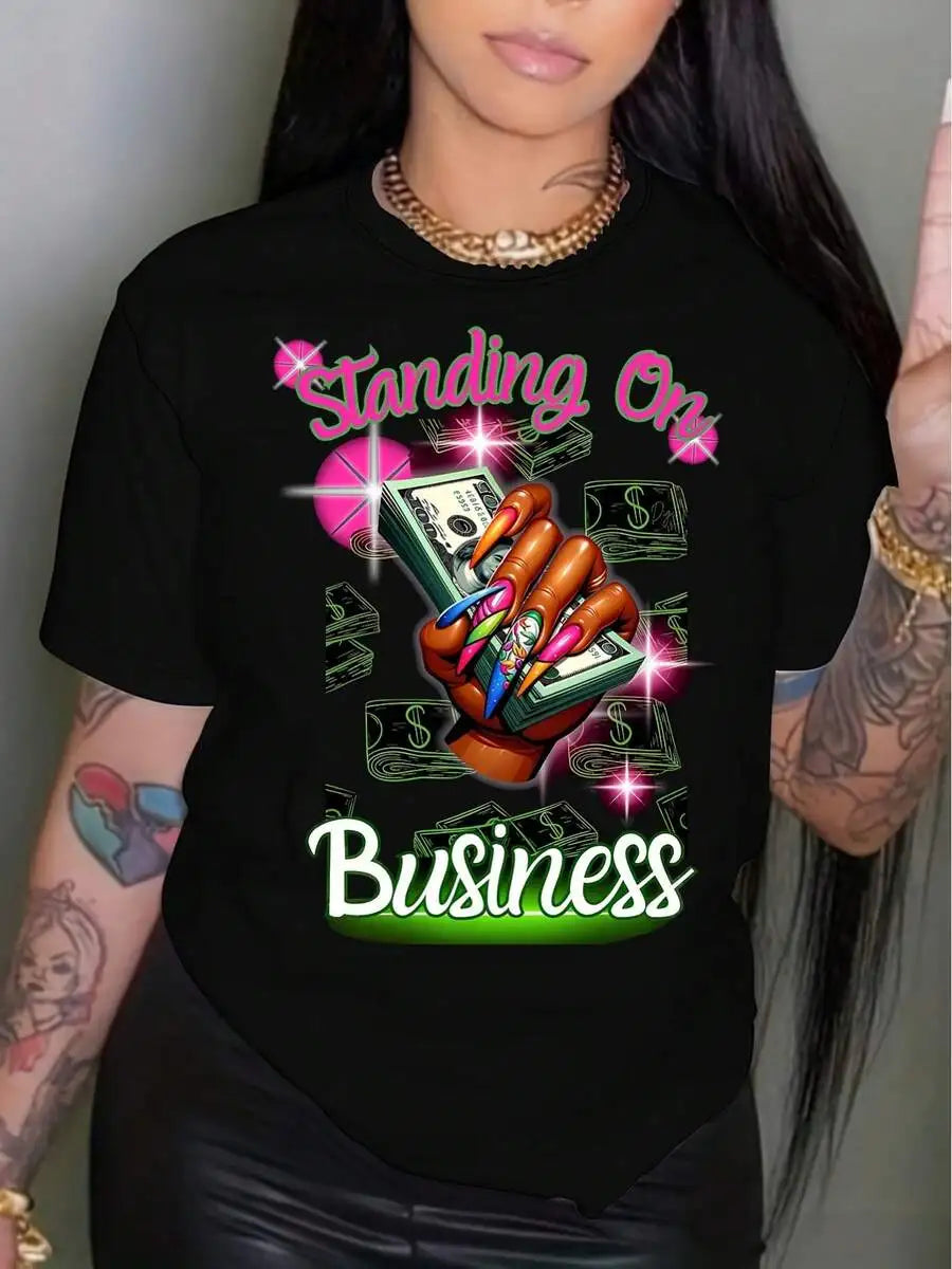 Business Print Crew Neck T-Shirt, Short Sleeve Casual Top For Summer & Spring, Women'S Clothing