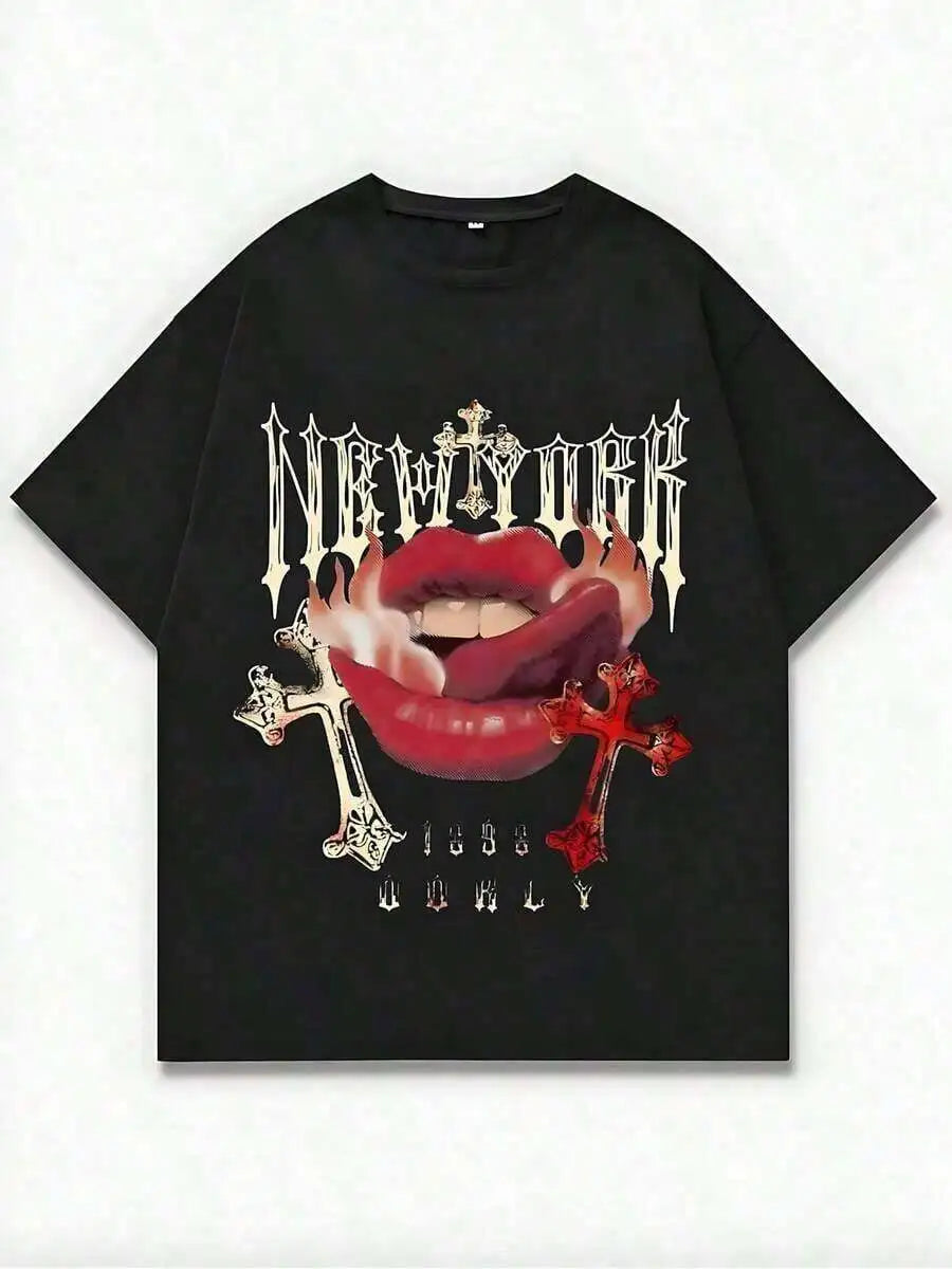 Men's Summer Clothes Cotton Graphic Tees Graphic Cotton T-Shirt Gothic New York Lip Graphic Tee