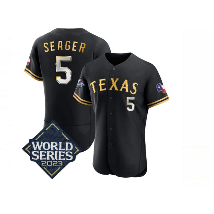 Texas Rangers #5 Corey Seager Black Gold 2023 World Series Flex Base Stitched Baseball Jersey