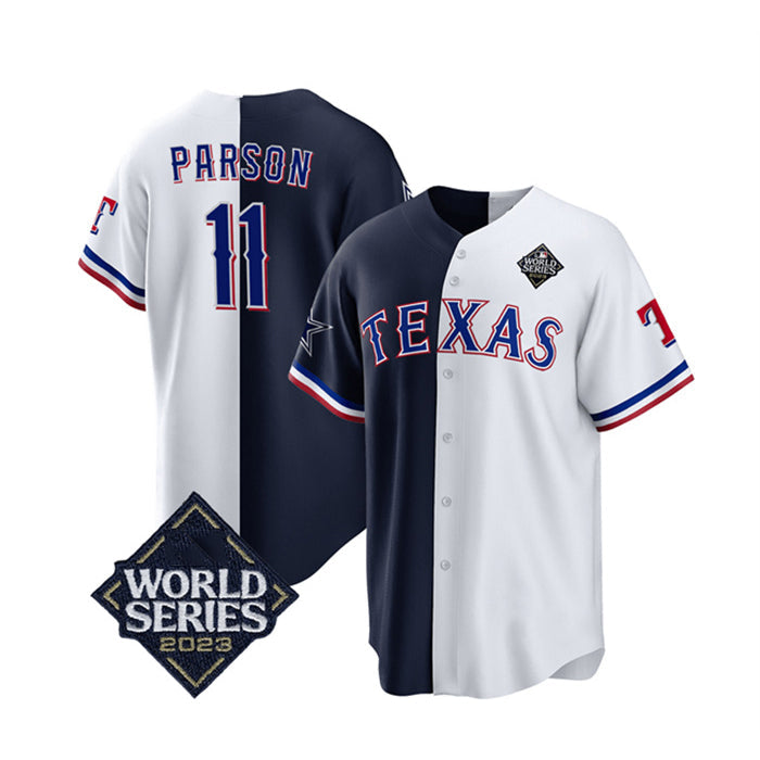 Texas Rangers & Cowboys #11 Micah Parsons Navy White Splite 2023 World Series Splite Stitched Baseball Jersey