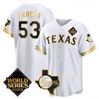 Texas Rangers & Cowboys #53 Adolis García White 2023 World Series Splite Stitched Baseball Jersey