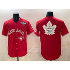 Toronto Blue Jays & Leafs Red 2025 World Series With White Leafs Logo Cool Base Stitched Baseball Jersey
