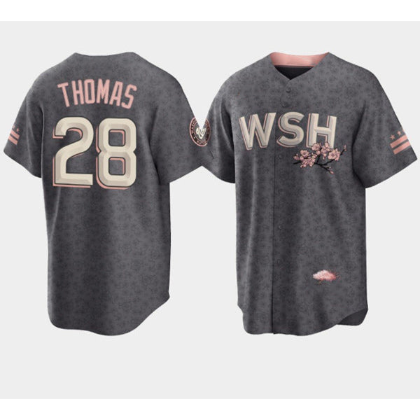 Washington Nationals #28 Lane Thomas 2022 Grey City Connect Cherry Blossom Cool Base Stitched Baseball Jersey
