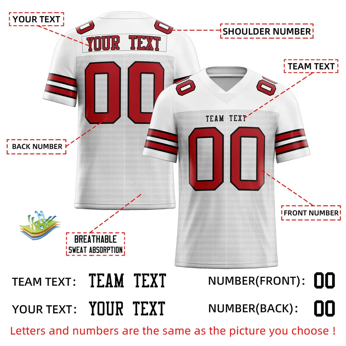 Custom American Football Jersey Personalized Stitched Name and Number Breathable Mesh Top for Team Game Sports or Work wear White Red