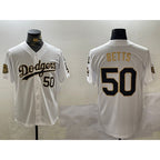 los angeles dodgers #50 mookie betts white gold 2024 world series with fernando memorial patch limited stitched Baseball jersey